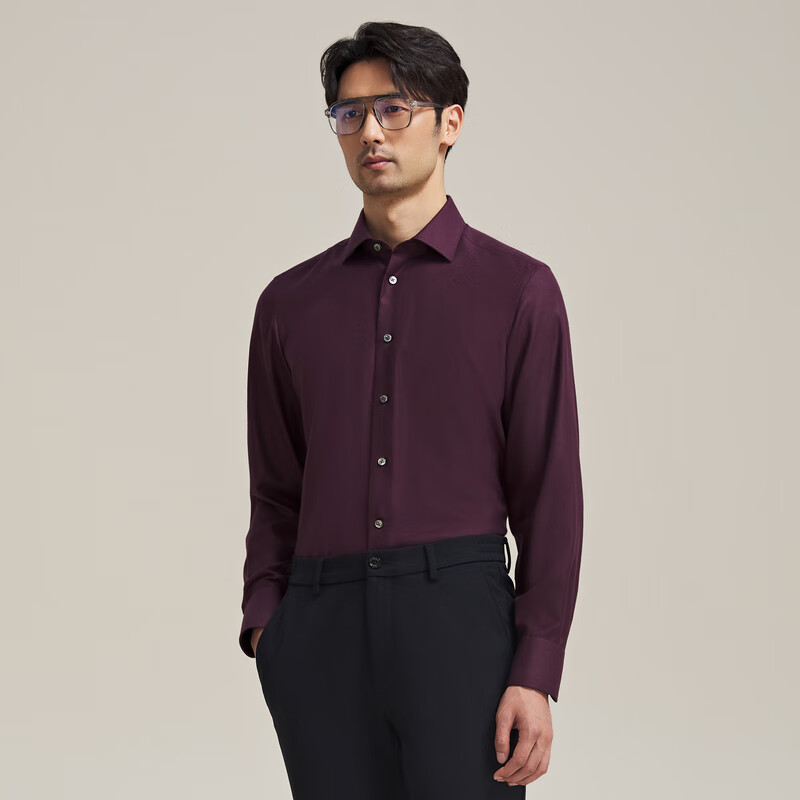 MAYOR男装 秋冬全桑蚕丝七步手工深酒红长袖男衬衫 暗红 170/88A