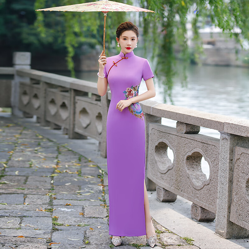 勤度老上海正宗传统旗袍走秀年轻款高端大气显瘦长款演出服团队队服礼 浅紫色 L