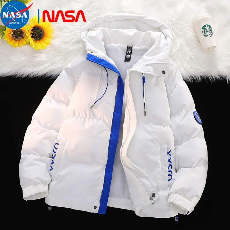 NASA MARVEL棉衣男冬季外套青年棉服美式潮流加厚冬天連帽棉襖寬松冬裝外衣 白色 M