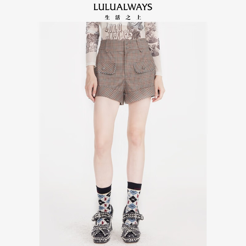 LULUALWAYS 秋季新款格纹短裤 LNC3005 咖啡色 S