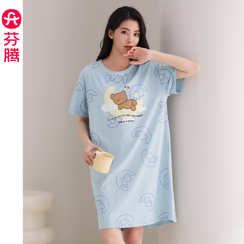芬腾大码睡裙纯棉女睡衣裙夏2026新款纯欲风日系女款全棉可外穿家居服 FX25290103灰兰 L 建议:110-125斤