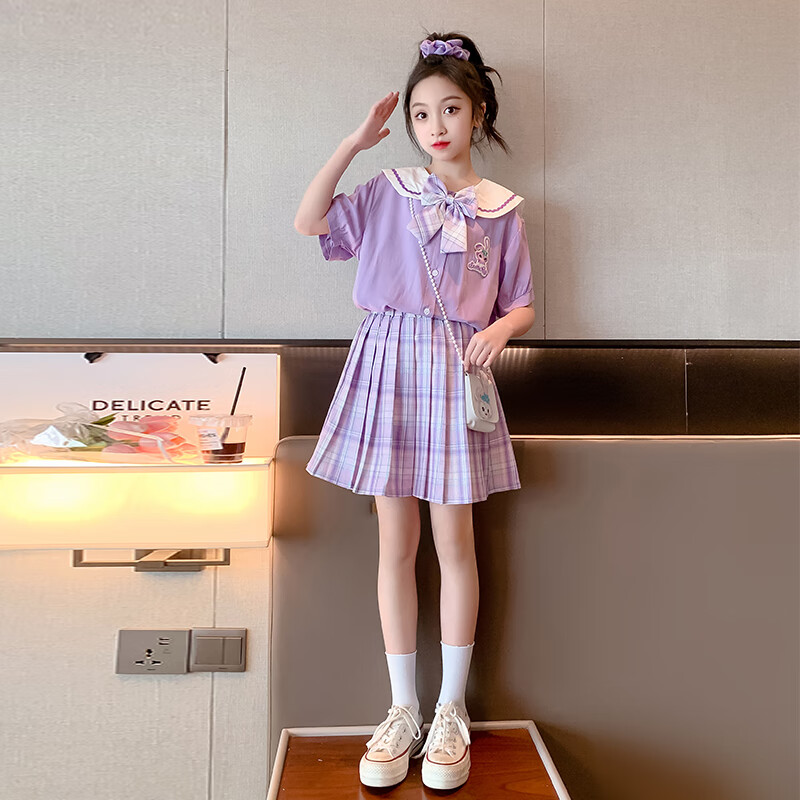 fickan女童jk套装夏款洋气儿童夏装中大童学院风百褶裙两件套潮小学生