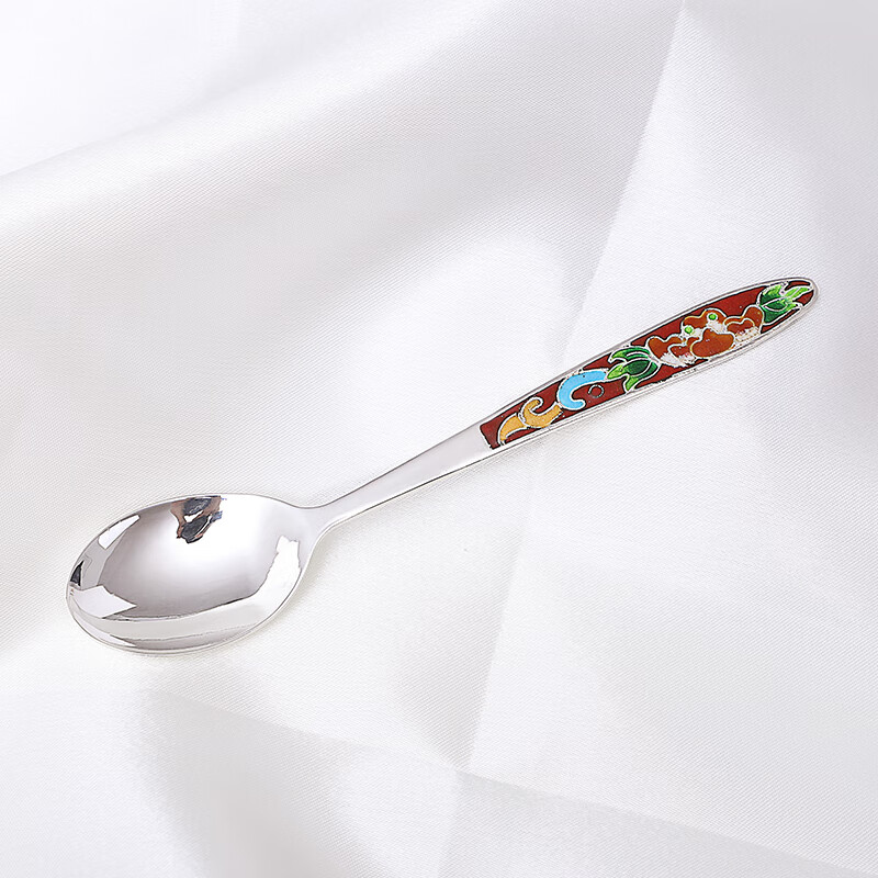 oimg银勺子纯银999 纯手工银胎掐丝珐琅彩景泰蓝餐具小孩银调羹 50克