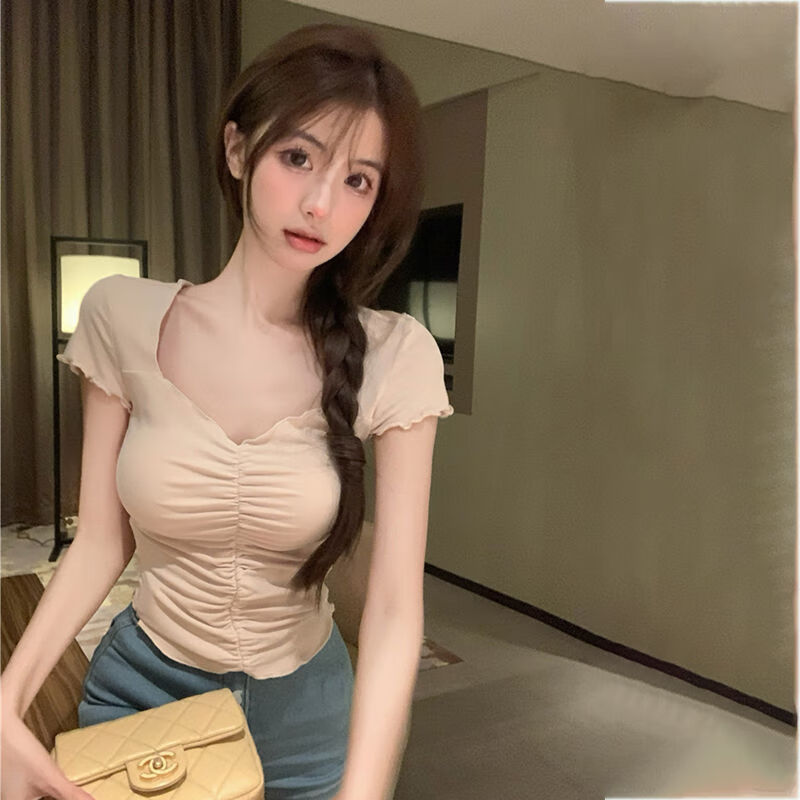 boku rooster适合胸大少女穿的夏季薄款褶皱t恤纯欲风肩短袖t恤女2023