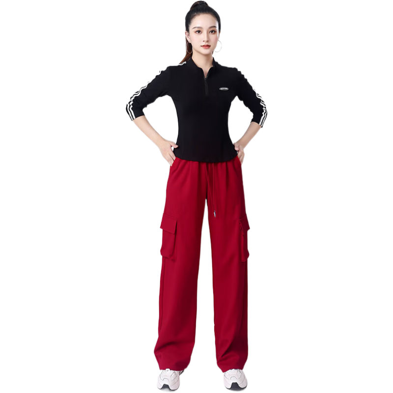 貝茲曼廣場(chǎng)舞服裝女鬼步舞戰(zhàn)馬舞服裝棉休閑跑步運(yùn)動(dòng)服女長(zhǎng)袖春秋新款 黑色上衣+酒紅褲 M (80斤-95斤)