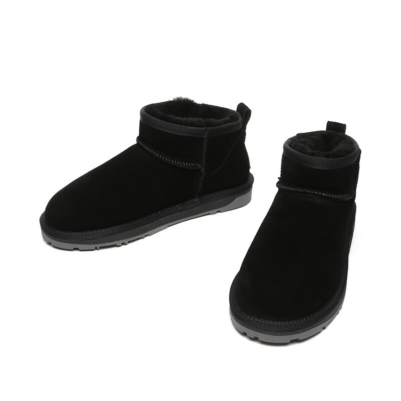 EVERAU男女同款经典迷你超短筒雪地靴舒适平底情侣靴休闲东北靴丨EA3125 黑色 35