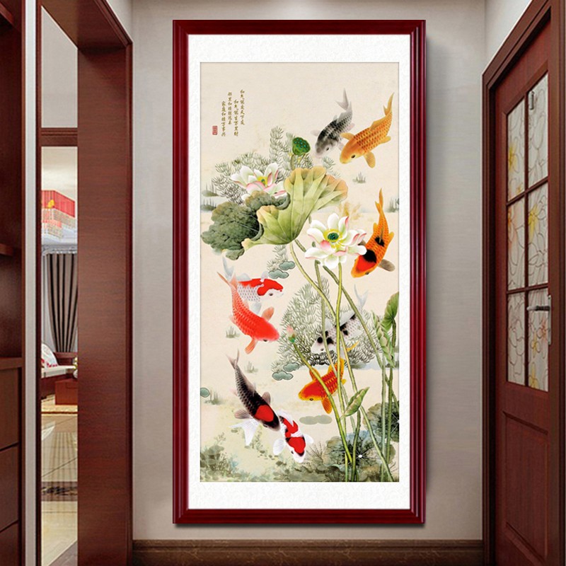 画中画   九鱼图入户迎门墙玄关装饰画走廊过道竖版中式客厅餐厅办公