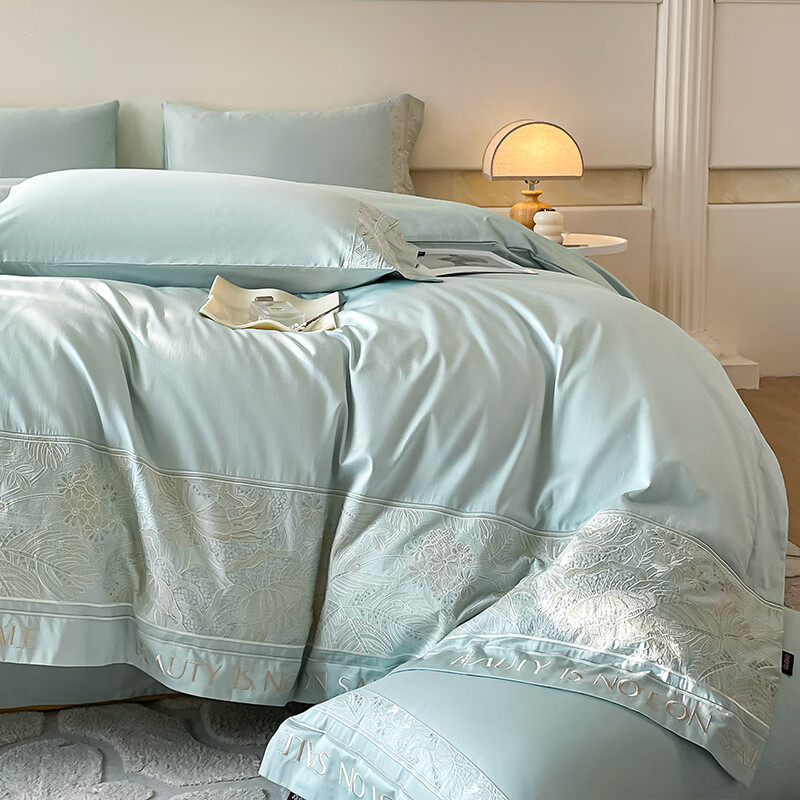 水星系列家纺高端A类120支长绒棉四件套花卉刺绣被套全棉床单床笠轻奢床上用品 母婴级A类棉美拉德 床笠款 2.0m四件套被套220*240cm