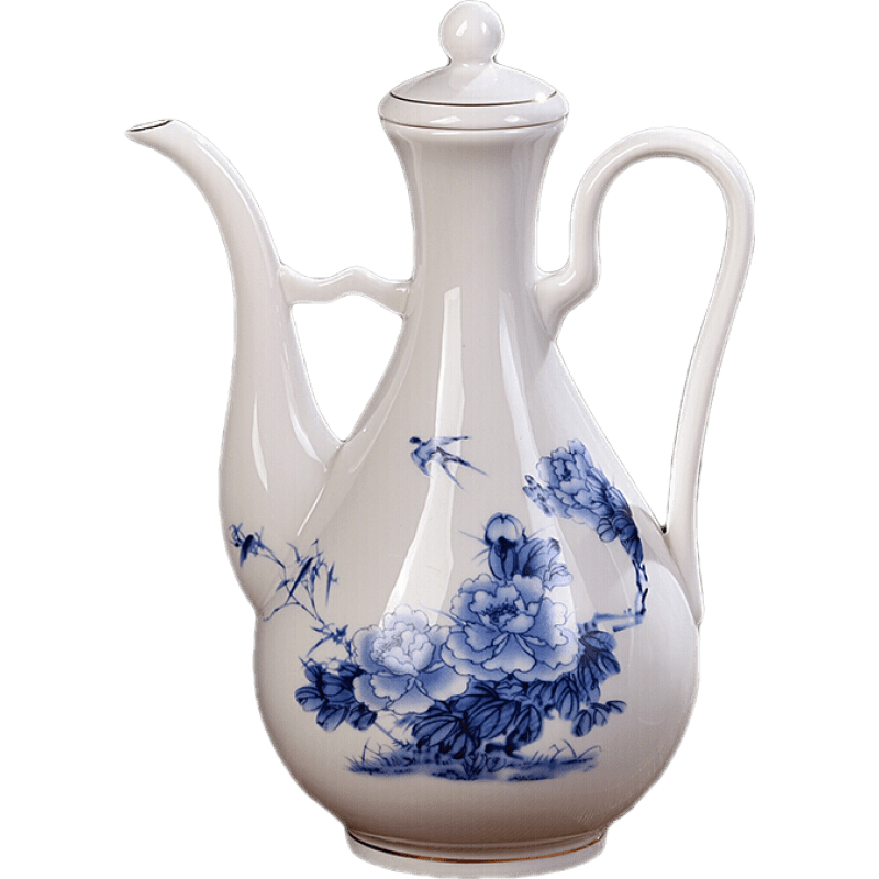 紅鐵普 家用酒壺陶瓷 復(fù)古倒酒壺長嘴分酒器仿古酒壺 一斤 藍(lán)牡丹  約 500ml
