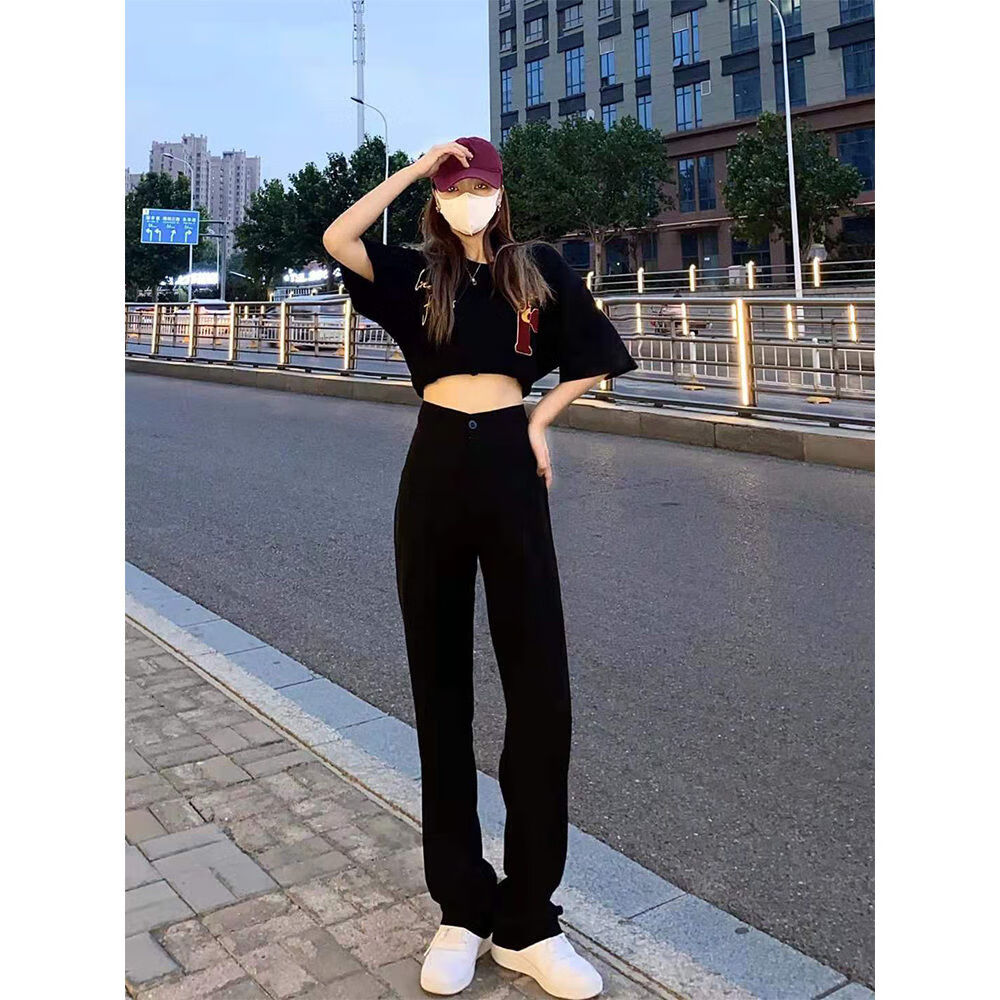 婵栩春秋牛仔阔腿裤少女生初高中学生黑色牛仔裤女学生小个子穿搭直筒