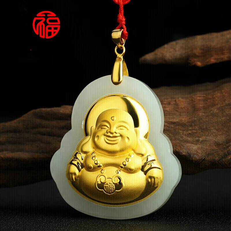 季福缘和田玉佛吊坠金镶玉弥勒佛玉坠足金挂件男女款挂坠 大弥勒佛