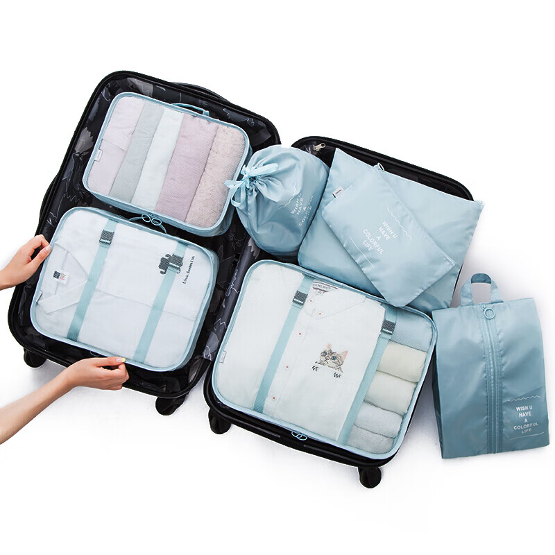 川诺 旅行包 3101 七件套 行李分装包出差衣物内衣整理袋收纳套装 浅蓝色
