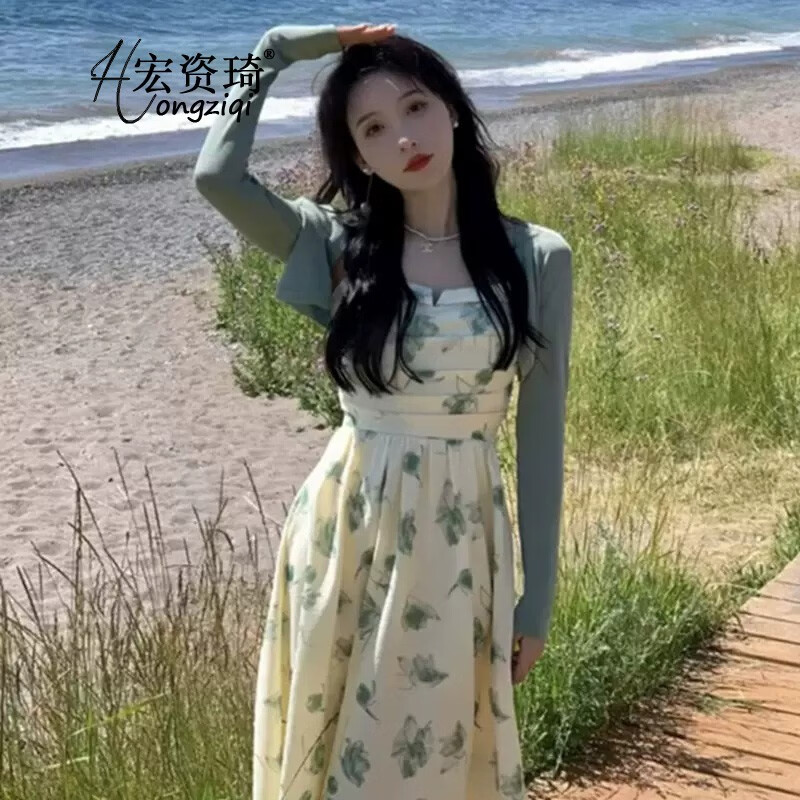 宏資琦連衣裙2025夏季新款法式溫柔風(fēng)碎花吊帶裙子夏天雪紡長(zhǎng)裙兩件裝 吊帶連衣裙+披肩 S