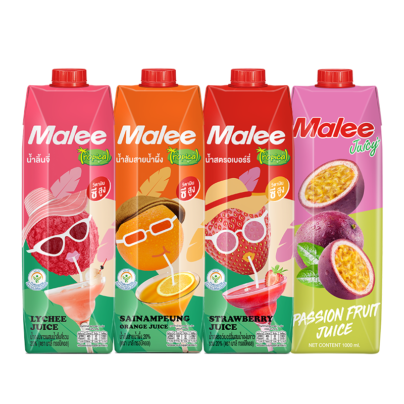 Malee 玛丽 泰国进口果汁饮料草莓荔枝橙汁百香果混合装1L*4