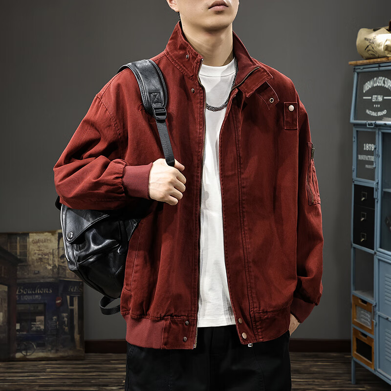 邦约恋人秋冬款立领纯棉工装男夹克美式复古潮牌猎装上衣宽松刺绣休闲外套 红色 3078 L 合适体重130-145斤