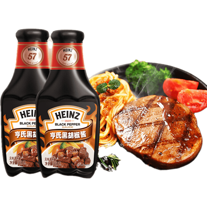 亨氏（Heinz）黑胡椒醬360g瓶黑椒牛排醬烤肉調(diào)味醬料意大利面醬家用調(diào)料 胡椒醬360g+番茄醬320g