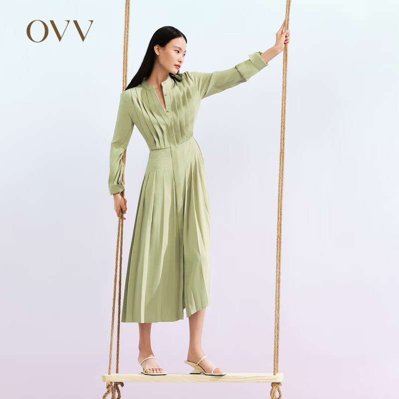 OVV2023春夏新款女装优雅收腰经典舒适休闲通勤百褶连衣裙 绿灰（净色）01 L