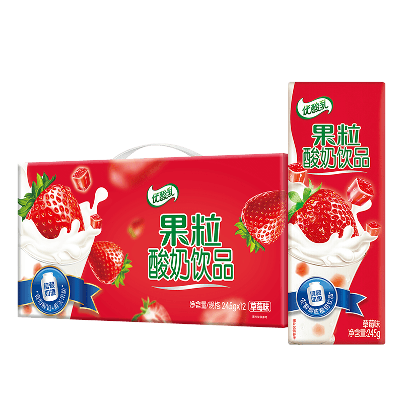 伊利优酸乳果粒酸奶饮品草莓味芒果味黄桃味245g*12盒 水果味早餐饮品