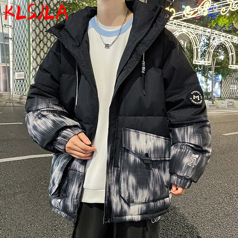 KLSJLA漸變色工裝羽絨服男款冬季加厚連帽外套男寬松帥氣青少年防寒衣服 YRF0311黑色 M 約115-125斤可穿
