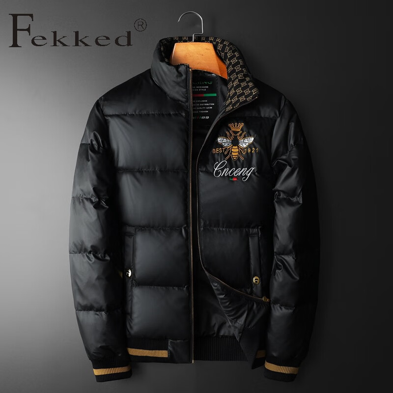 Fekked香港潮牌2024冬季新款男士品质白鸭绒小蜜蜂刺绣服保暖立领羽绒服 黑色 M