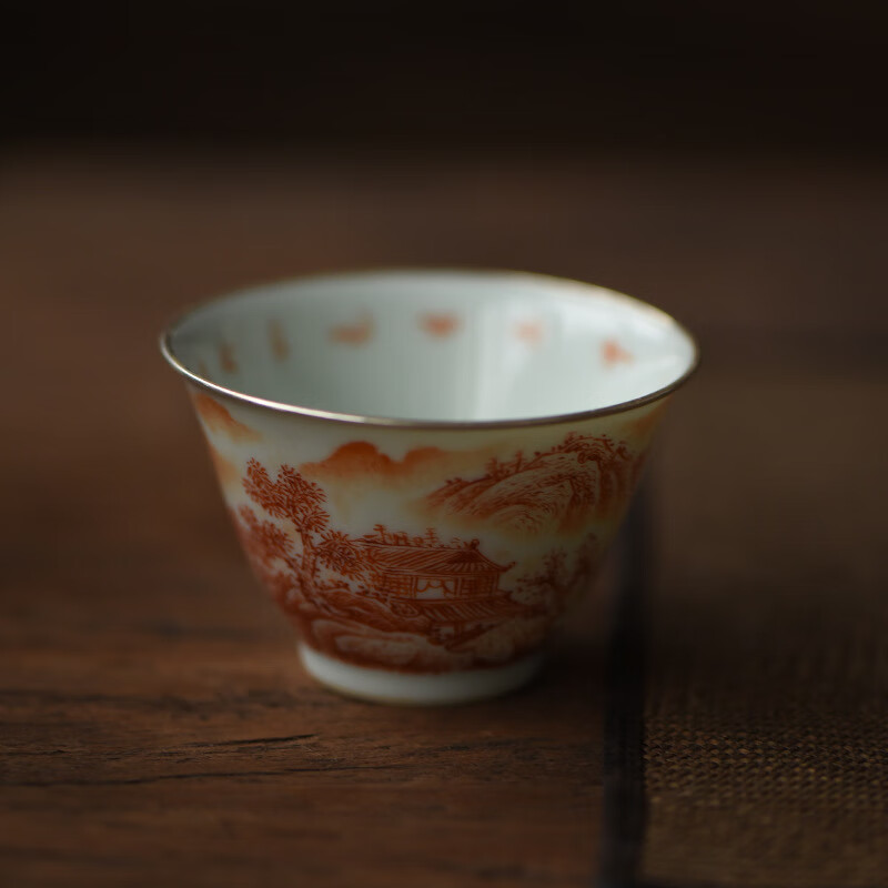 致如袆景德镇云由山坊矾红山水描银口主人杯陶瓷茶杯单个品茗杯功夫