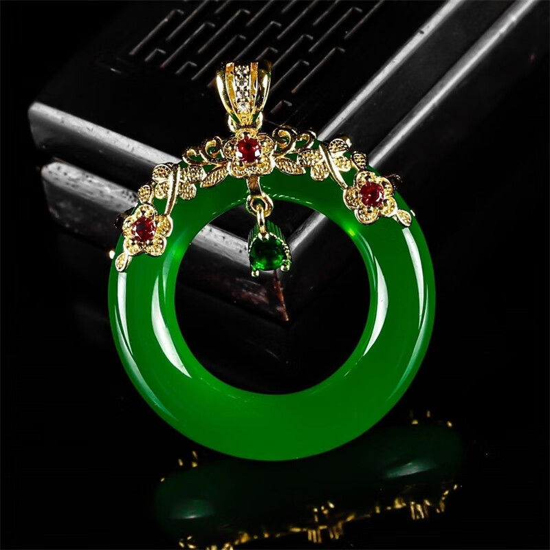 春龙豪华镶嵌玉髓吊坠冰种满绿帝王绿平安扣环玛瑙挂件女士礼物 吊坠