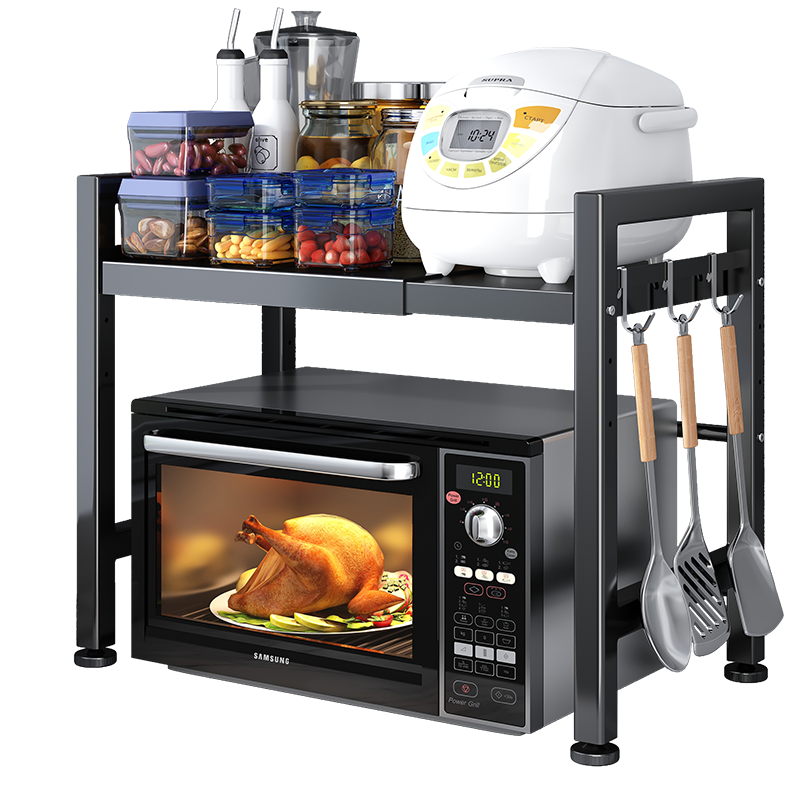 溢彩年华 厨房置物架微波炉架子可伸缩双层台面烤箱架多功能家用桌面电饭锅收纳支架7230-BK