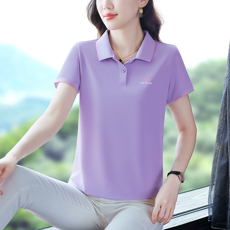 冰丝翻领短袖t恤女运动polo衫宽松显瘦夏季女装半袖上衣 23332浅紫色