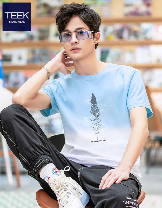 TEEK夏季短袖t恤男士上衣 青少年夏装新款重磅纯棉体恤衫男生打底衣服 【透气干爽】JAS1A蓝白 2XL