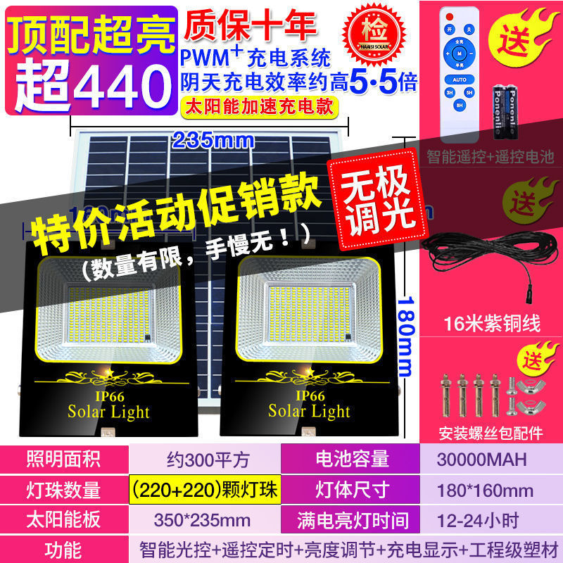 太阳能灯庭院灯家用户外天黑自动亮室内外照明灯新农村路灯超亮 一拖二220+220颗灯珠+16米线