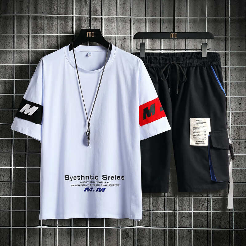 SENGGULI短袖T恤套装男2021夏季新款韩版青年修身t恤舒适休闲跑步套装两件套 白色 S