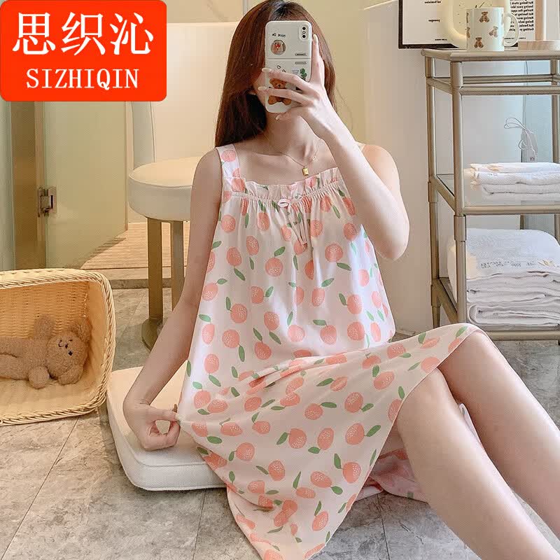 思织沁睡裙夏季女士吊带棉绸小碎花睡衣夏天凉感冰丝少女可爱绵绸家居服 吊带裙-茉莉花米白 F(130斤以内)