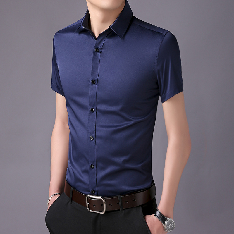 夏季男式短袖衬衫男青年男士衬衫韩版修身色衬衣男大码男装 藏青色 40/XL