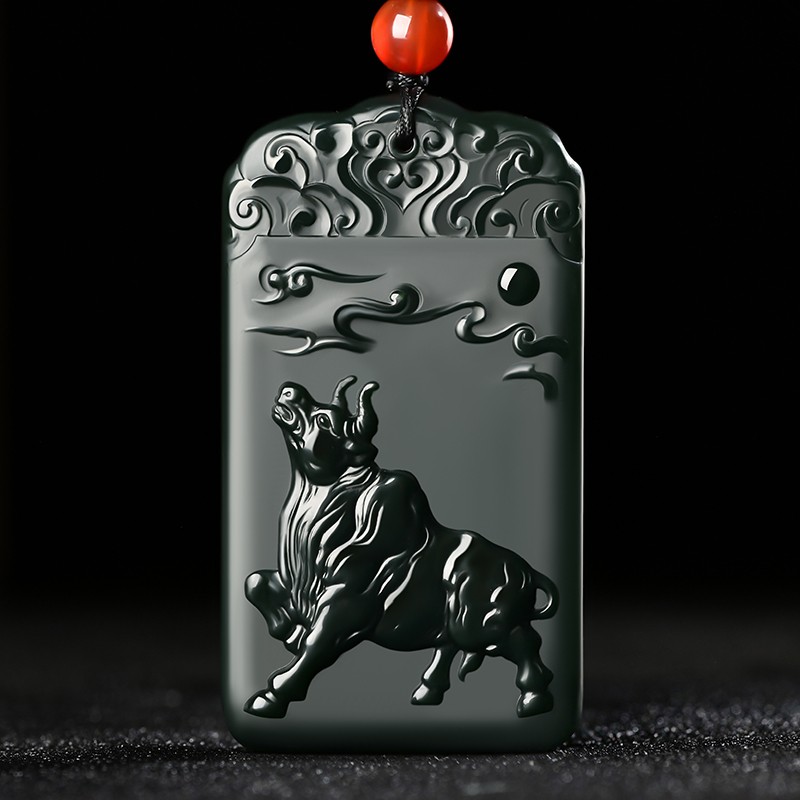 御大师 和田玉牛牌子塔青一细料牛吊坠男女款 扭转乾坤转运玉佩玉石