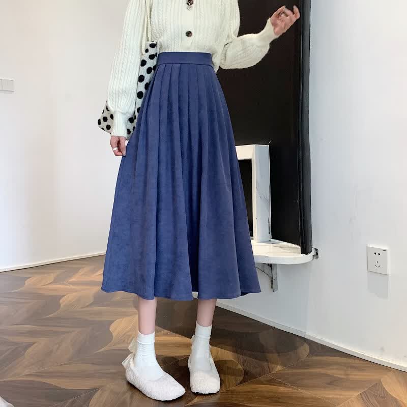 夏季初高中女生百褶裙中长款学生穿女新款春季高腰显瘦气质裙子 蓝色