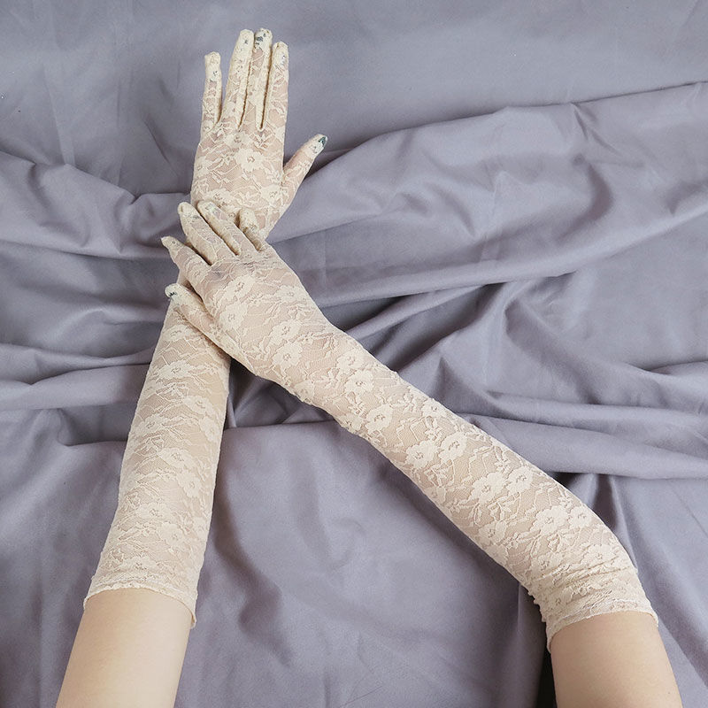 法波琪蕾丝长袖防晒手套春秋季蕾丝手套女长款薄弹力黑色性感复古网纱