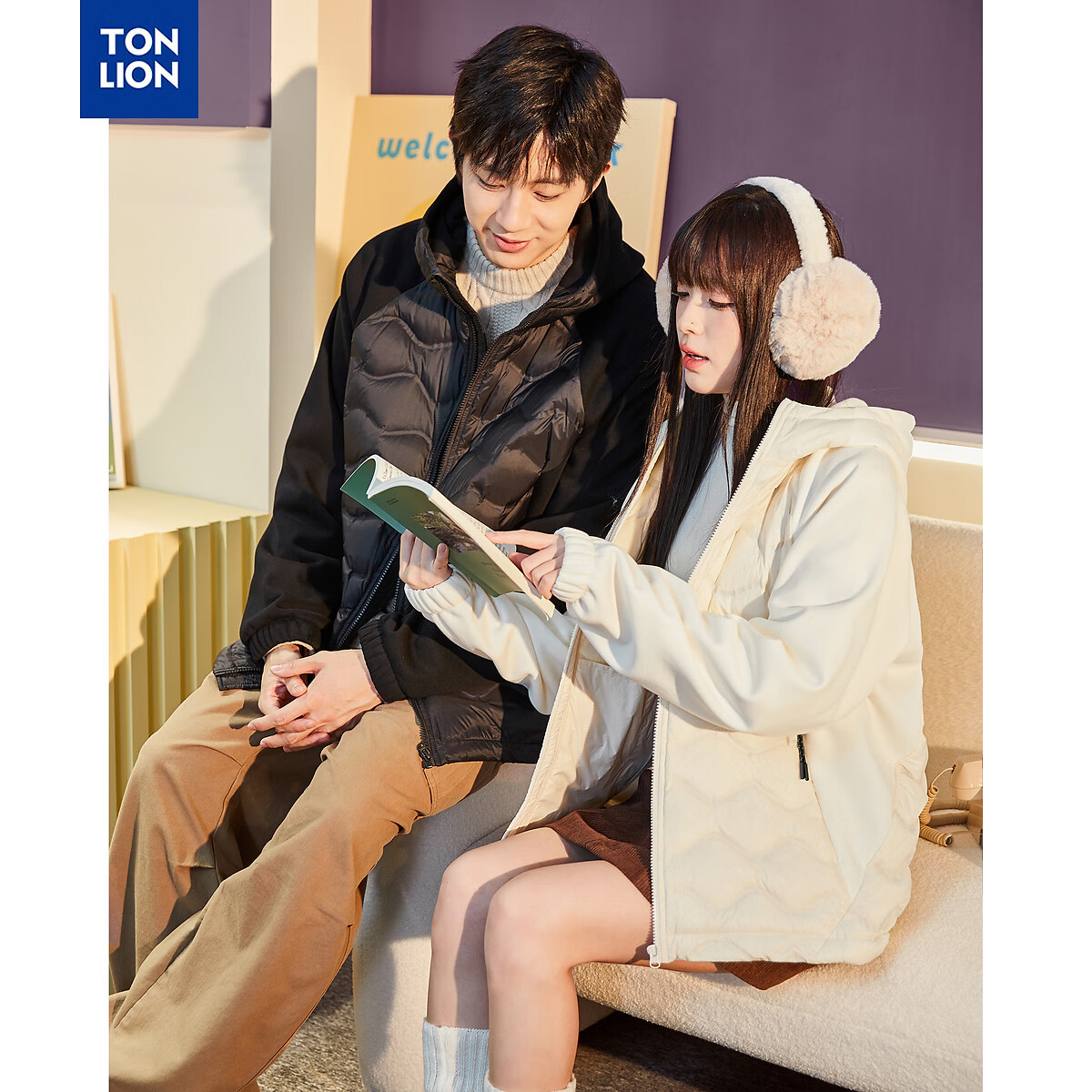 唐狮冬季新款情侣羽绒服轻薄连帽针织拼接外套TB 男款黑色 2XL