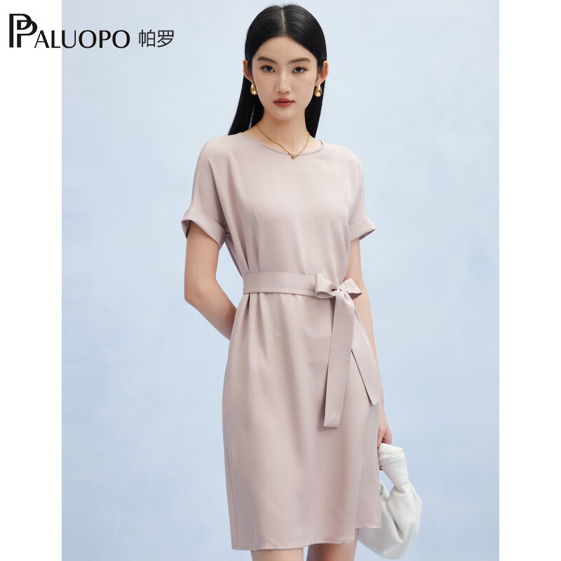 帕罗（PALUOPO）新款22姆米重绉圆领纯色短袖连衣裙重磅真丝高腰销售系带淑女裙子 粉紫 S (155/80A)