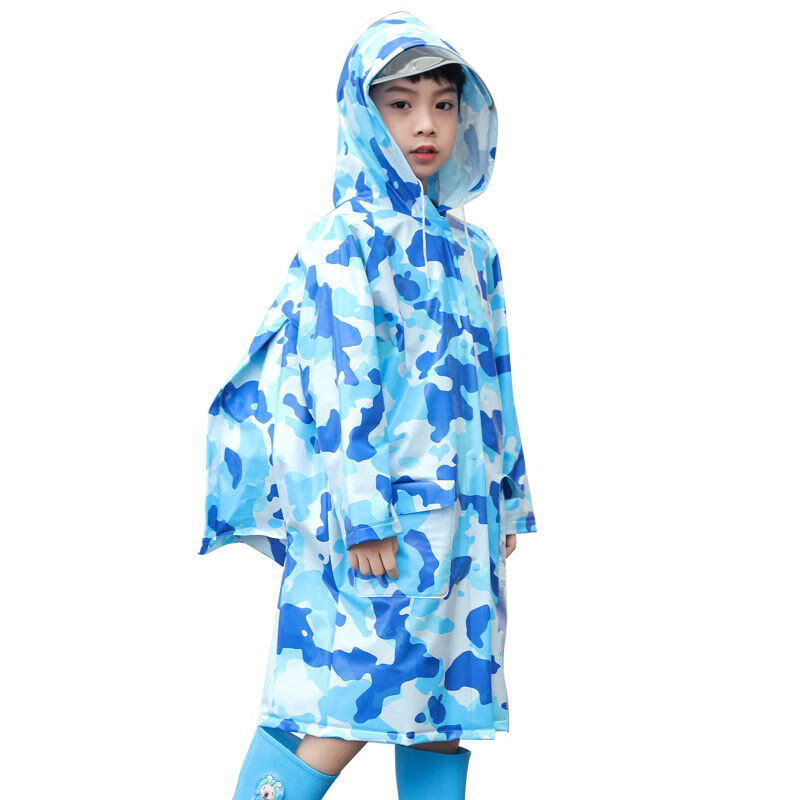 儿童雨衣雨具带书包位幼儿园男童女童宝宝小学生小孩防水加大加厚 精致加厚迷彩款-蓝色 XXL (适合130-150cm)