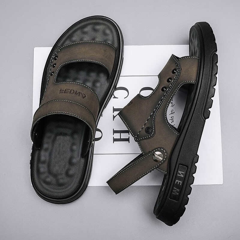 足力健鞋品牌凉鞋男款拖鞋夏季外穿开车爸爸皮凉鞋防滑软底耐磨沙滩凉