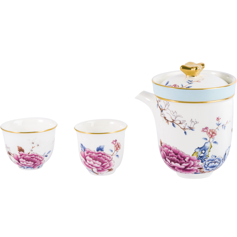瑪戈隆特 便攜旅行茶具套裝功夫整套便攜骨瓷茶杯 一壺二杯防燙輕便出差套裝 禮盒禮品包裝 盛世牡丹 5頭2人份（帶便攜包）