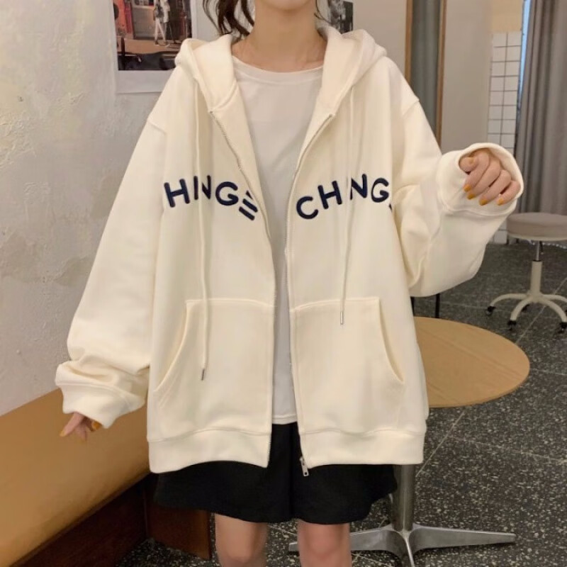 连帽长袖卫衣外套棉绣花字母卫衣女2023学生新款韩版ins慵懒风 白色 m