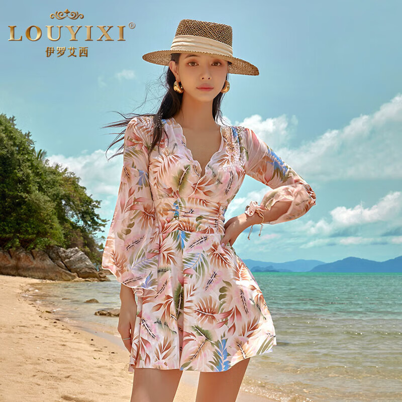 伊罗艾西品牌泳衣女性感2024新款长袖泳衣女连体裙式泡温泉度假泳装女
