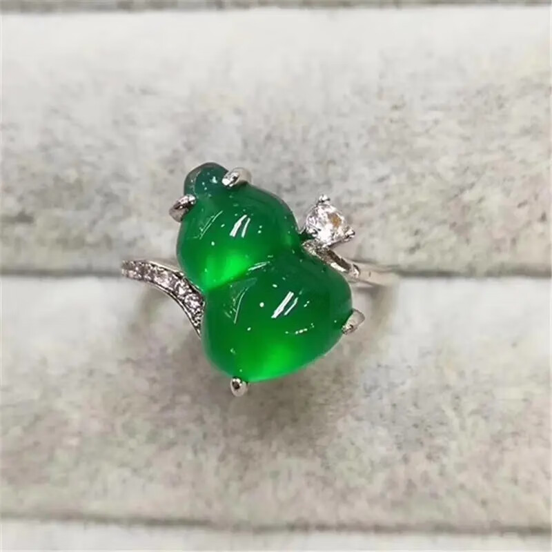 铭闽玉髓925银镶嵌葫芦戒指女高冰透种色指环送女朋友闺蜜开口调节