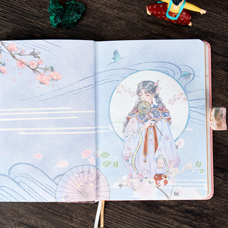 中国风复古手账本昙华一梦彩页磁扣笔记本子网红古风人物手帐 淡绯