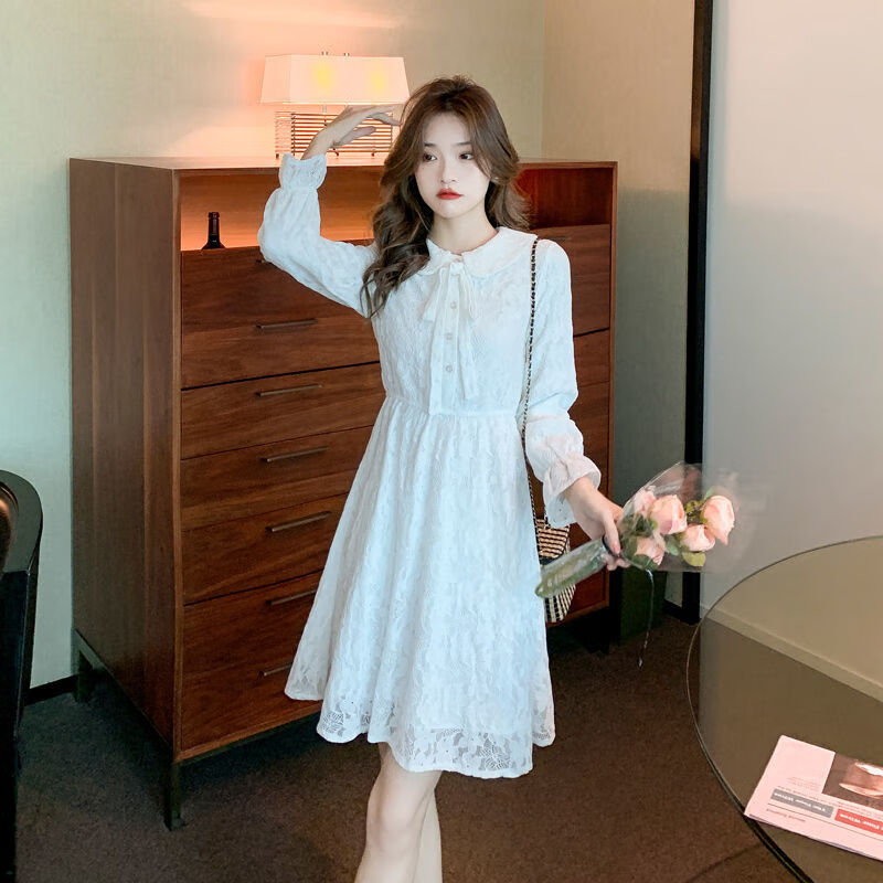 个子搭配显高法式领连衣裙秋季秋款新款蕾丝小清新蝴蝶结系带袖 白色