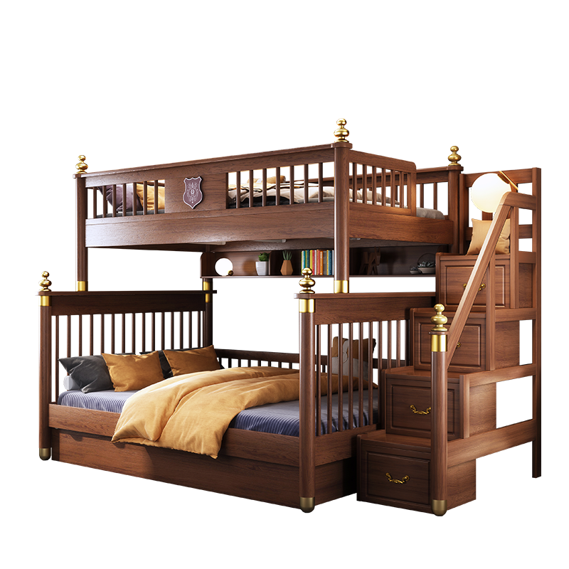 格杰 上下床全实木美式高低双层床多功能儿童带护栏成人双人床 子母床两层上下铺 可拆分 梯柜高低床+书架+储物箱(深色) 1500mm*2000mm