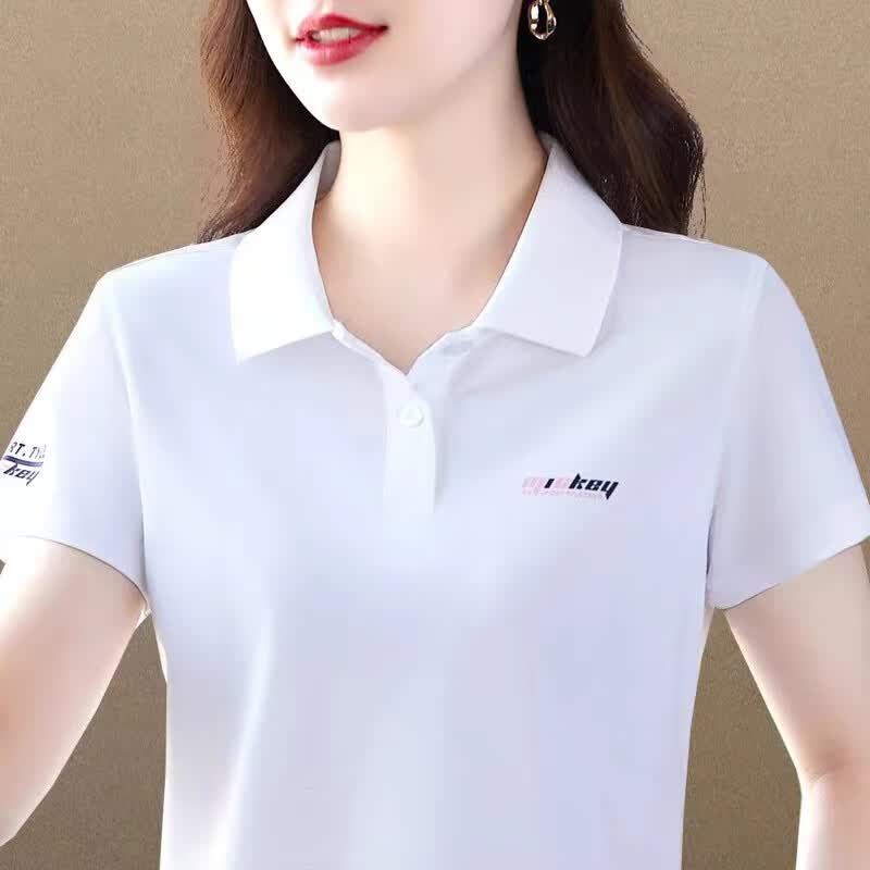 语缦翻领短袖t恤女冰丝时尚洋气夏季新款中年妈上衣女士休闲T恤polo衫 23343灰蓝 5XL 体重150-160斤