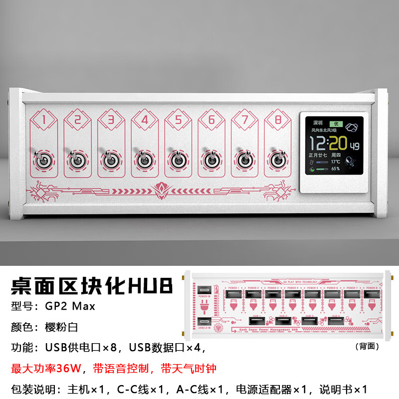 PCDock电脑区块化USB接口多功能桌面多接口扩展坞排插独立开关带供电桌搭贾维斯语音控制器送男朋友礼物 GP2 Max |开光+USB拓展+语音+屏幕