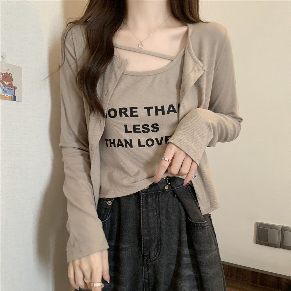 艾莱克优遮肚子显瘦套装减龄最新款大码微胖女孩穿搭秋装新款字母吊带